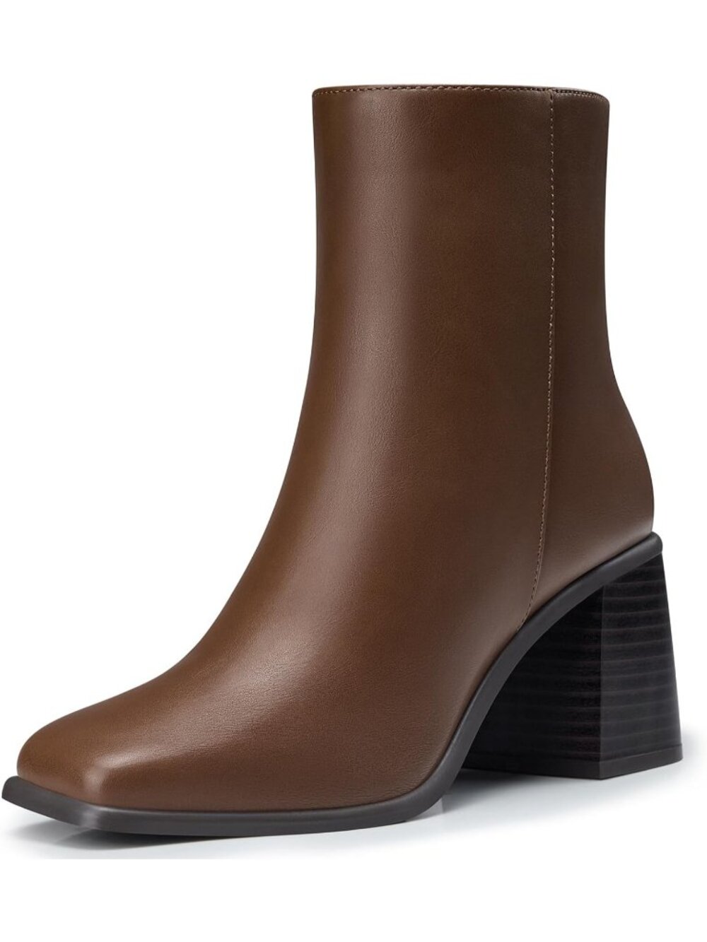 Women Light Brown Pu Square Toe Comfortable Chunky Heel Faux Leather Ankle Boots